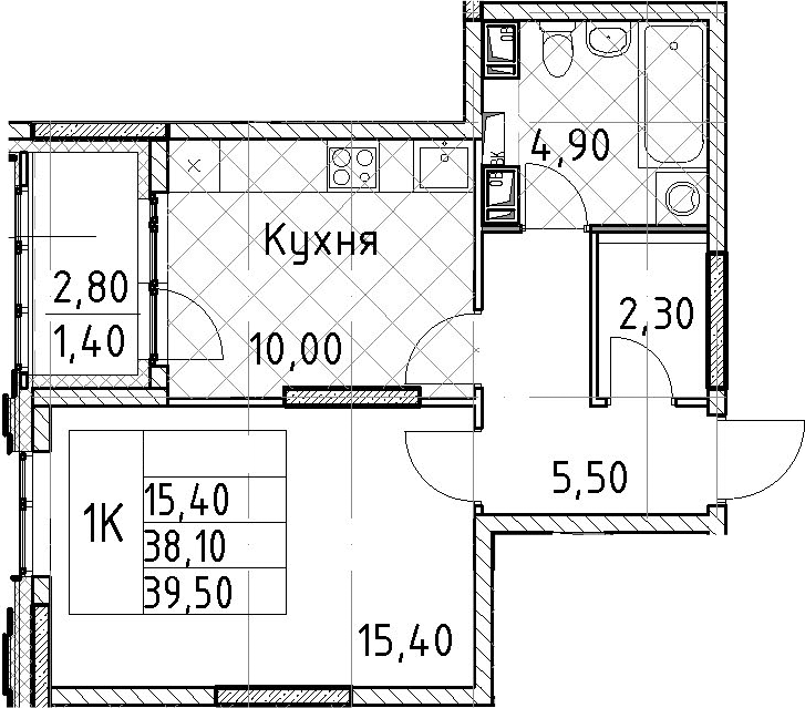1-комнатная квартира 39.5 м², 13/13 эт., ЖК «Тайм Сквер»